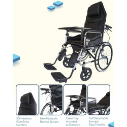 Karma Hydraulic Recliner Cum Commode - Ryder 8 wheelchair Foldable With Premium U-Cut Seat and With food Table